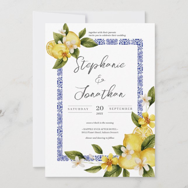 Italia Blue Watercolor Lemon Calligraphy Wedding Invitation (Front)