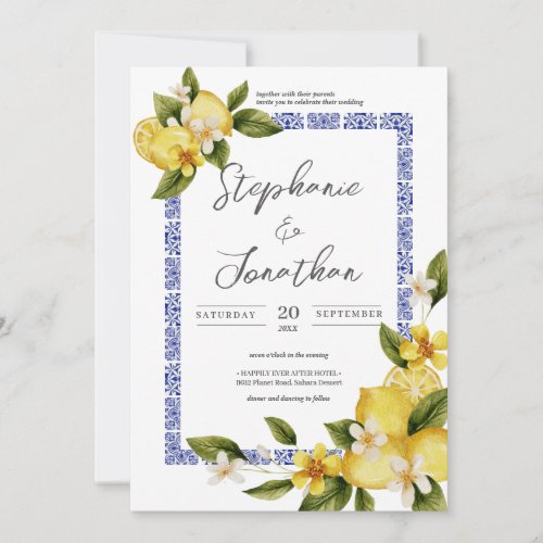 Italia Blue Watercolor Lemon Calligraphy Wedding Invitation