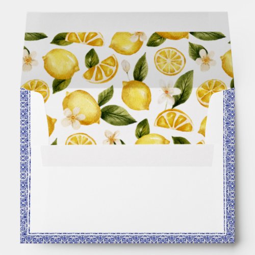 Italia Blue Watercolor Lemon Initials Wedding Envelope