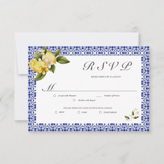 Italia Blue Watercolor Lemon RSVP Card (Front)