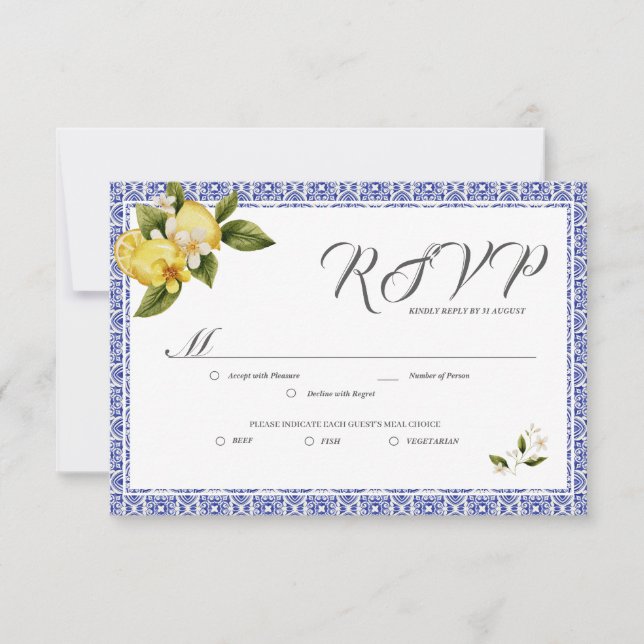 Italia Blue Watercolor Lemon RSVP Card (Front)