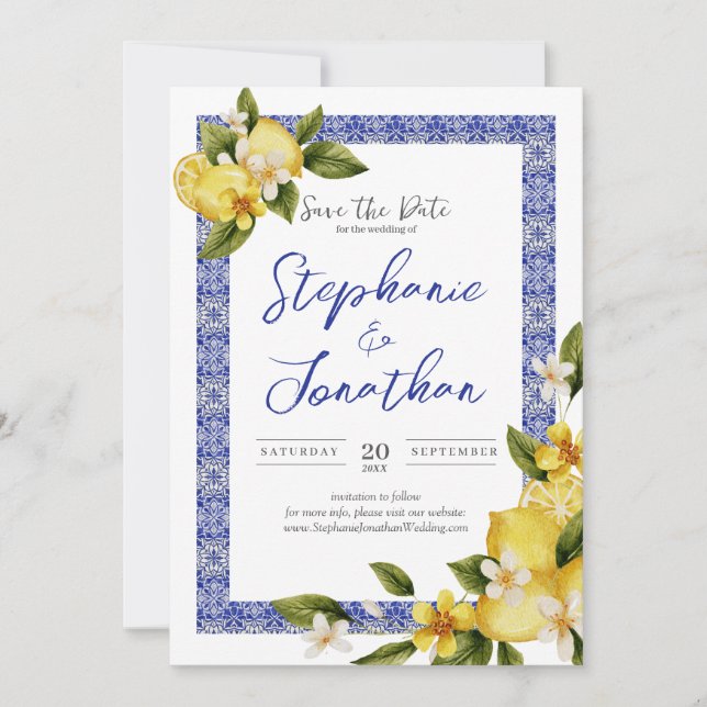 Italia Blue Watercolor Lemon Save the Date Card (Front)