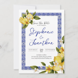 Italia Blue Watercolor Lemon Save the Date Card