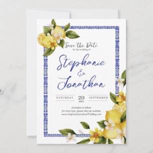 Italia Blue Watercolor Lemon Save the Date Card