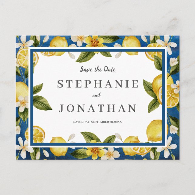 Italia Blue Watercolor Lemon SavetheDate Postcard (Front)