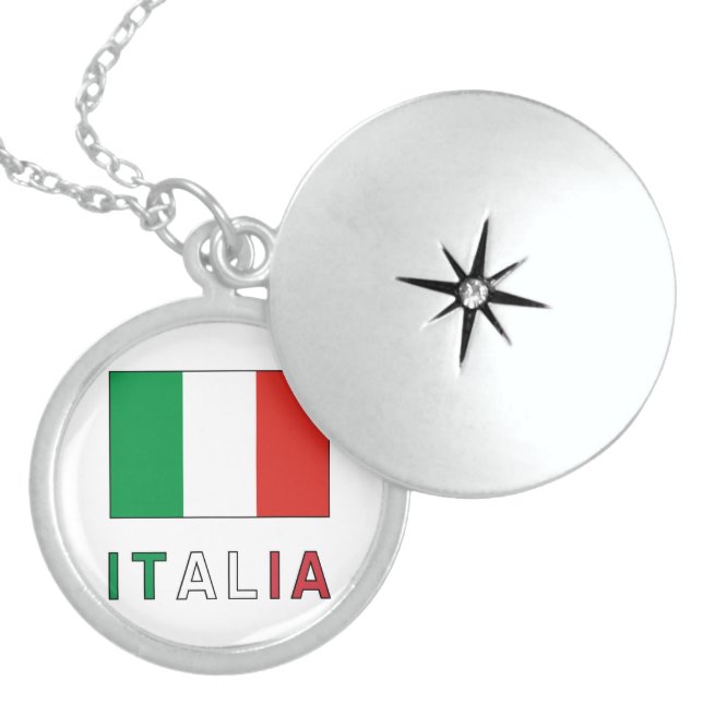 Italia Flag & Word Sterling Silver Necklace (Front)