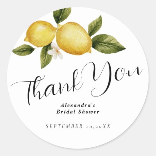 Italia Lemon Calligraphy Bridal Shower Thank You Classic Round Sticker