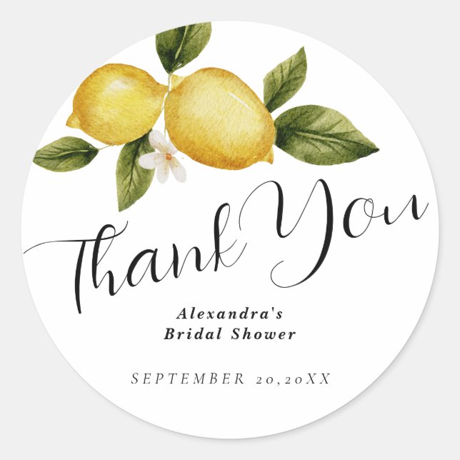 Italia Lemon Calligraphy Bridal Shower Thank You Classic Round Sticker (Front)