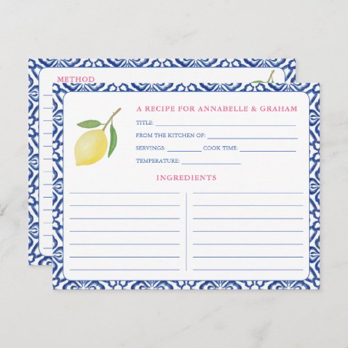Italian Aesthetic Lemon Bridal Shower Recipe Card