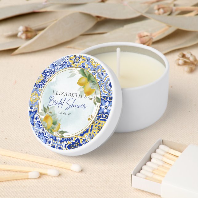 Italian Amalfi Blue Tiles Lemons Bridal Shower Mini Candle Favors (Insitu)