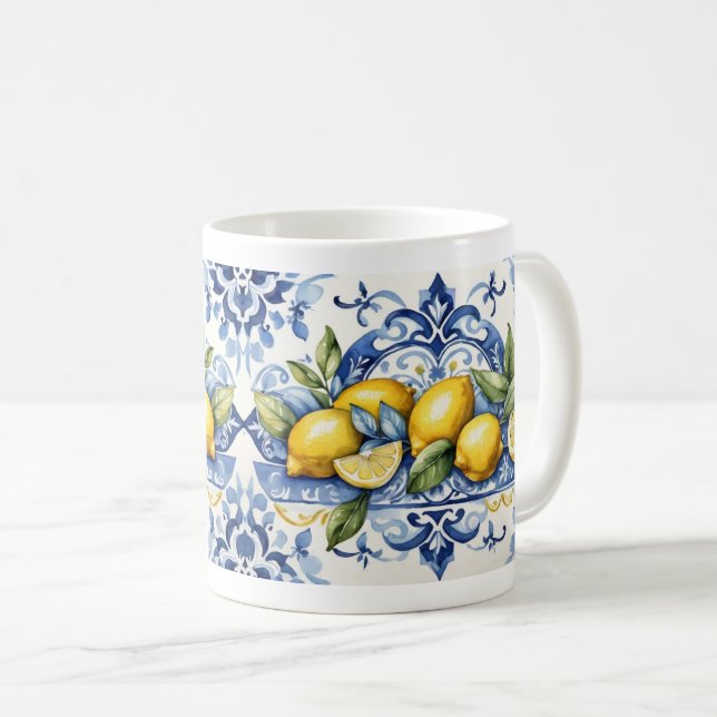 Italian Amalfi blue white tiles and lemons Coffee Mug (Front Right)