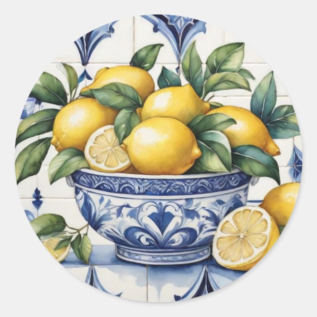 Italian Amalfi blue white tiles bowl of lemons Classic Round Sticker (Front)