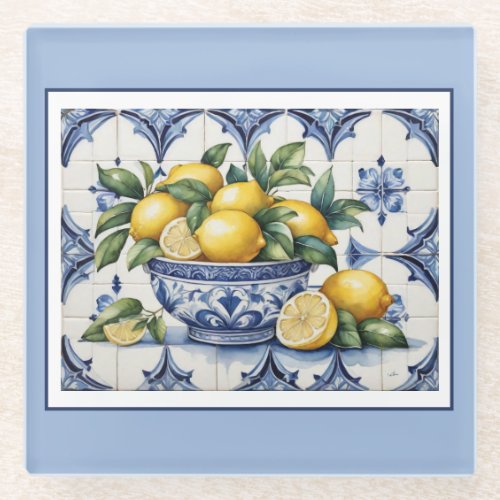 Italian Amalfi blue white tiles bowl of lemons Glass Coaster