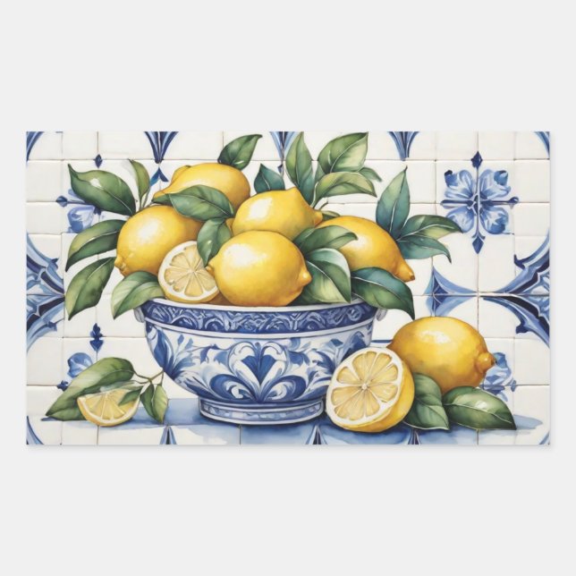 Italian Amalfi blue white tiles bowl of lemons Rectangular Sticker (Front)