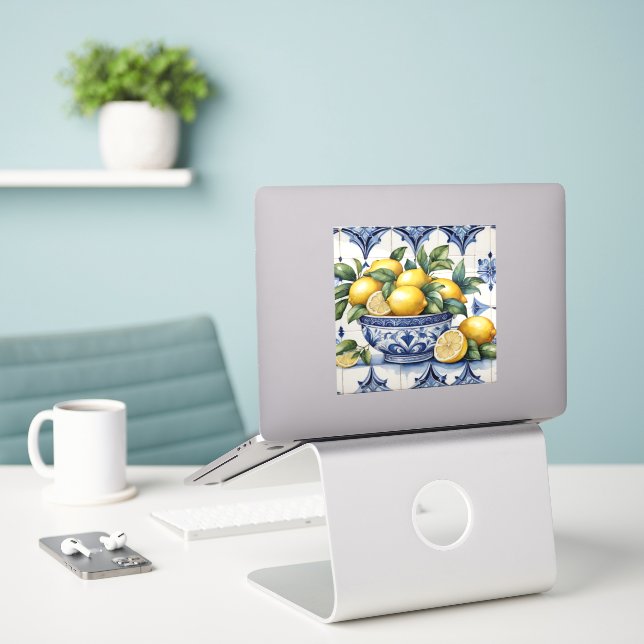 Italian Amalfi blue white tiles bowl of lemons Sticker (Laptop On Desk)