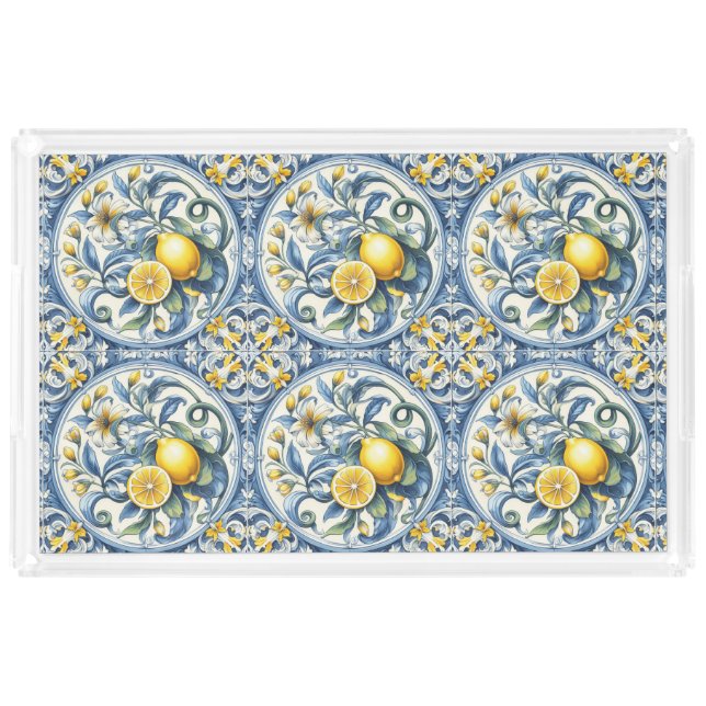 Italian Amalfi blue white tiles lemons Acrylic Tray (Front)