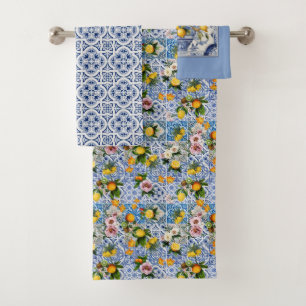 Italian Amalfi blue white tiles lemons Bath Towel Set