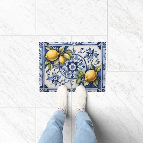 Italian Amalfi blue white tiles lemons Doormat