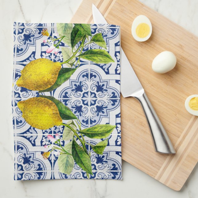 Italian Amalfi blue white tiles lemons Kitchen Towel (Quarter Fold)