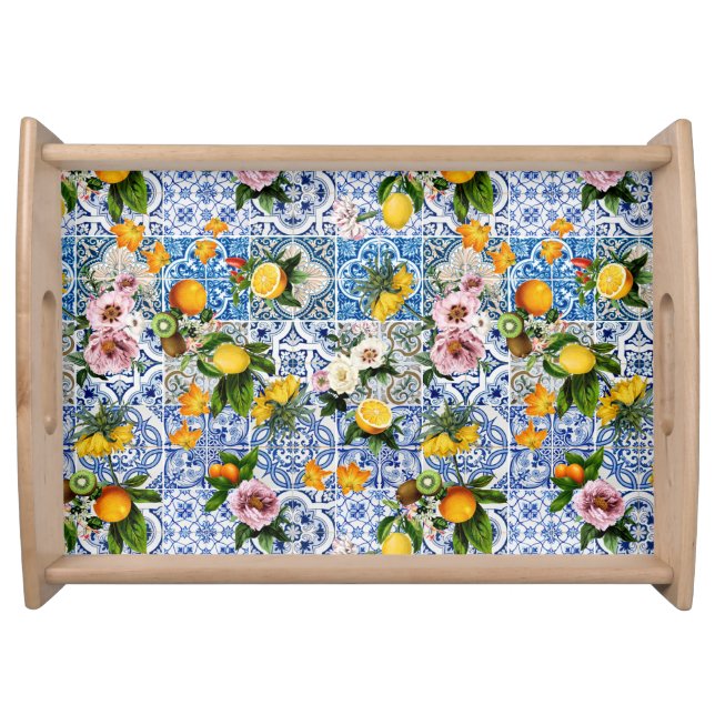 Italian Amalfi blue white tiles lemons oranges  Serving Tray (Front)