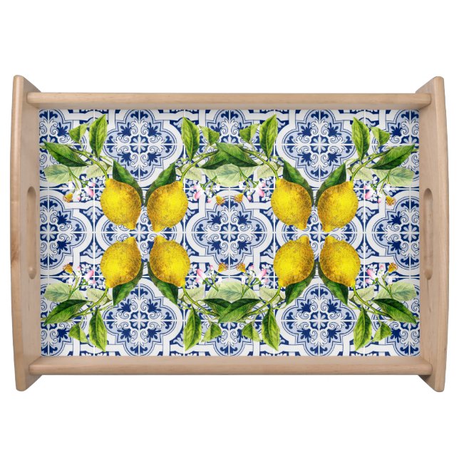 Italian Amalfi blue white tiles lemons Serving Tray (Front)