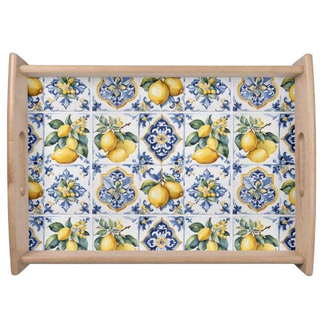Italian Amalfi blue white tiles lemons Serving Tray (Front)