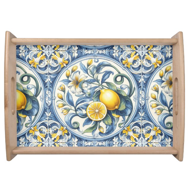 Italian Amalfi blue white tiles lemons Serving Tray (Front)