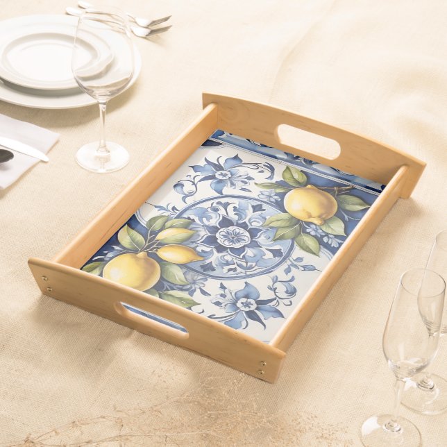 Italian Amalfi blue white tiles lemons Serving Tray (Front)
