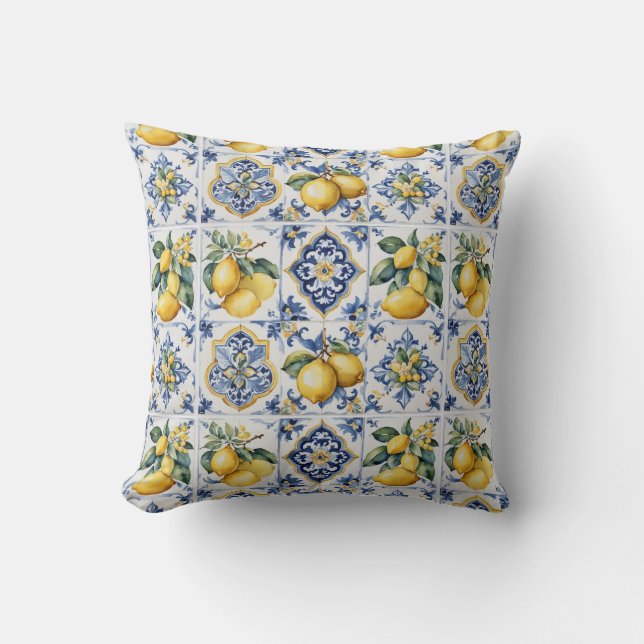 Italian Amalfi blue white tiles lemons Throw Pillow (Front)