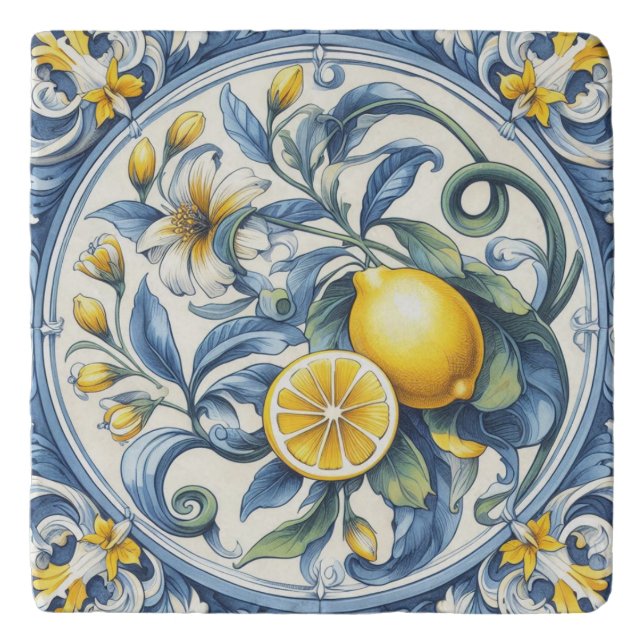 Italian Amalfi blue white tiles lemons Trivet (Front)