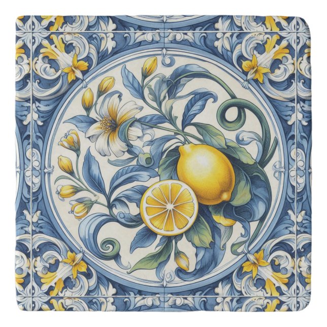 Italian Amalfi blue white tiles lemons Trivet (Front)