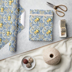 Italian Amalfi blue white tiles lemons Wrapping Paper