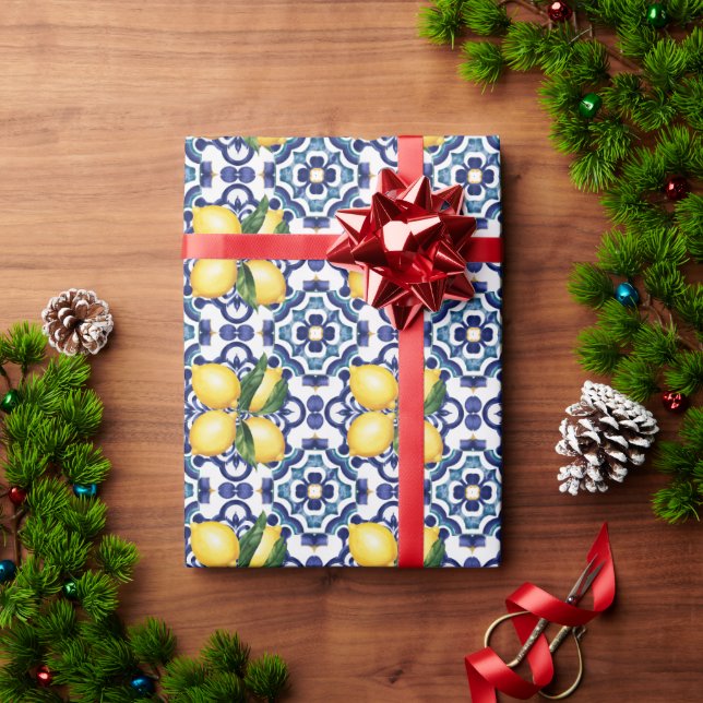 Italian Amalfi blue white tiles lemons Wrapping Paper (Holiday Gift)