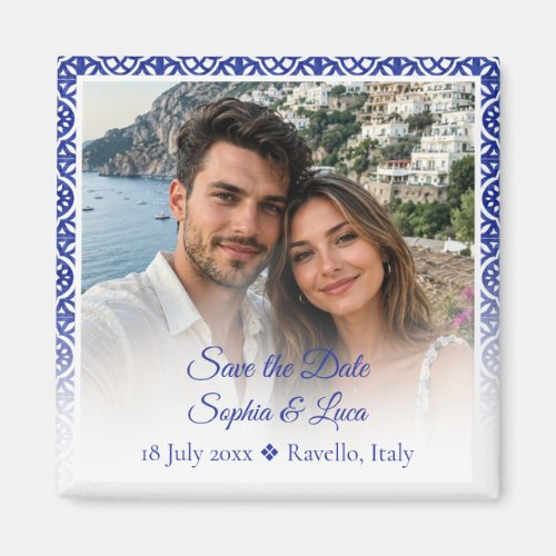 Italian Amalfi Coast Blue Tile Photo Save the Date Magnet