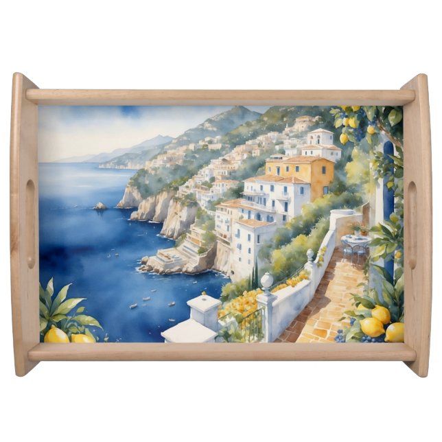 Italian Amalfi Coast Blue White Tiles Lemons Serving Tray (Front)