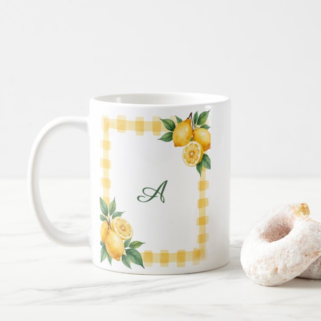 Italian Amalfi Coast Citrus Lemons Yellow Gingham Coffee Mug (With Donut)
