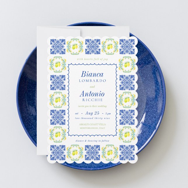 Italian Amalfi Coast Lemon Tile Wavy Frame Wedding Invitation (Creator Uploaded)