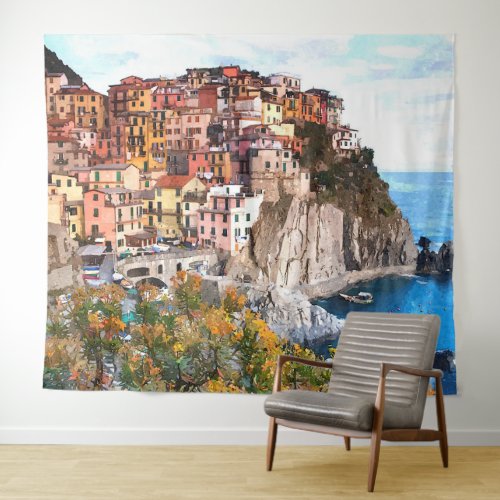 Italian Amalfi Coast Watercolor Art Painting Tapestry