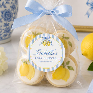 Italian Amalfi Lemon Blue Striped Baby Shower Classic Round Sticker