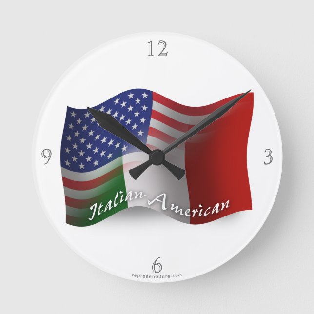Italian-American Waving Flag Round Clock (Front)