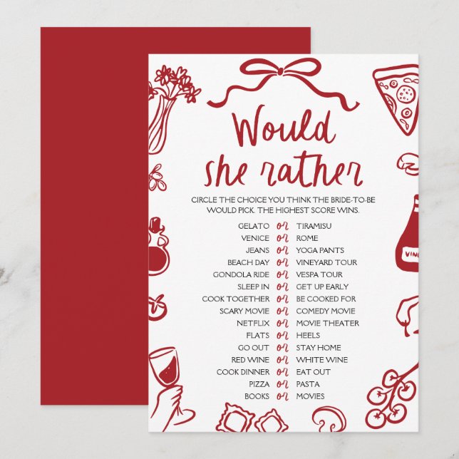 Italian Amore Would She Rather Bridal Shower Game Invitation (Front/Back)