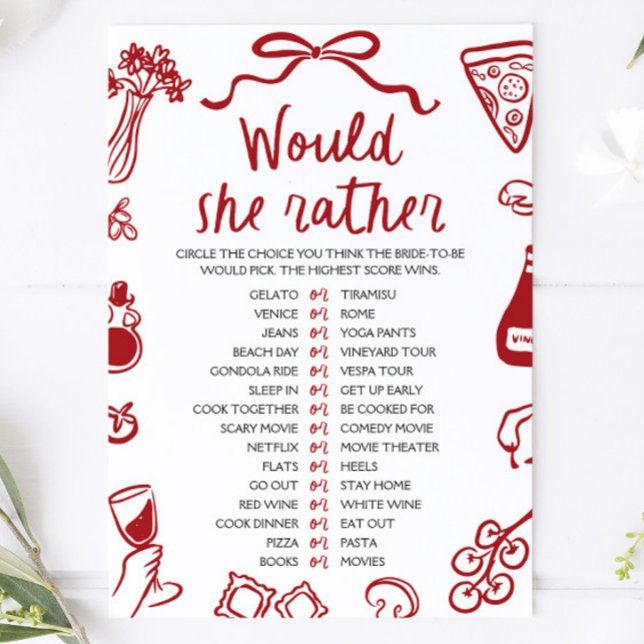 Italian Amore Would She Rather Bridal Shower Game Invitation (Italian Amore Would She Rather Bridal Shower Game )