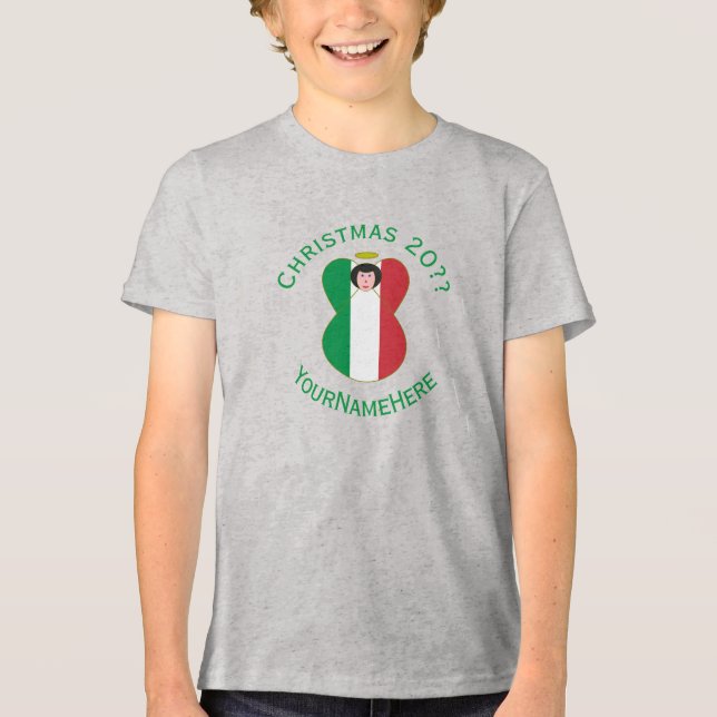 Italian Angel Christmas Flag Personalized Boy's Tri-Blend Shirt (Front)