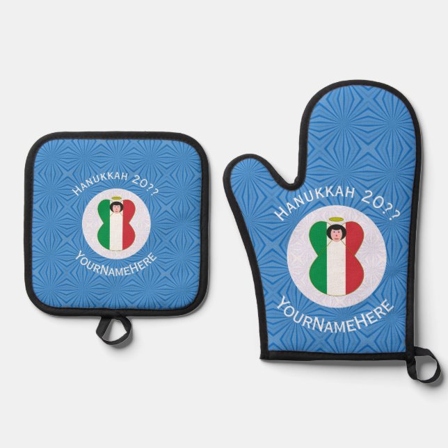 Italian Angel Hanukkah Flag Personalized  Oven Mitt & Pot Holder Set (Front)