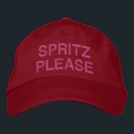 Italian Aperol Spritz Funny Quote Pink Red Custom Embroidered Baseball Cap<br><div class="desc">Elevate your summer style with this playful "Spritz Please" hat, perfect for lovers of Aperol Spritz and aperitivo culture. This trendy embroidered hat in a bold red color adds a fun twist to any casual outing or cocktail hour. Whether you're relaxing at a beach bar, attending a summer party, or...</div>