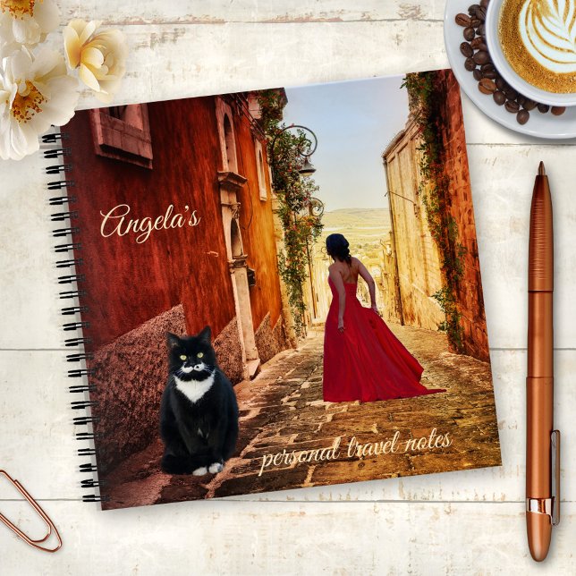 Italian Art Lady in Red Cute Tuxedo Cat Notebook (Notebook featuring a painting of a lady in red with a cute big tuxedo cat in an Italian village)