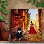 Italian Art Romantic Lady in Red Tile<br><div class="desc">A modern art tile featuring a Sicilian street scene with a lady in a beautiful red dress and a cute big cat. The design is large enough for a large tile size as well.</div>