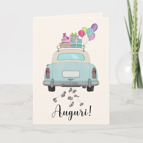 Italian Auguri Wedding Day Blue Retro Car Card