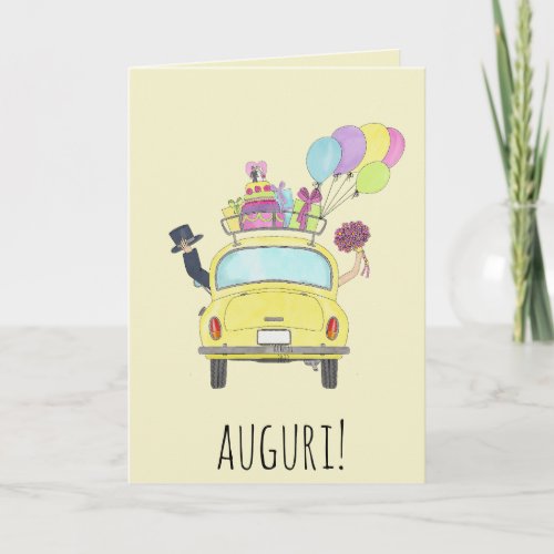 Italian Auguri Wedding Day Yellow Retro Car Card