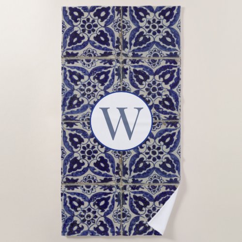 Italian Azulejo Blue White Geometric Monogrammed  Beach Towel